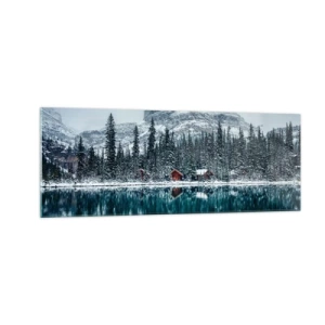 Impression sur verre - Image sur verre - Paysage d'hiver avec des chalets dans la forêt au bord d'un lac gelé - 140x50cm - Retraite canadienne - Décoration murale moderne pour le salon et la chambre ARTTOR