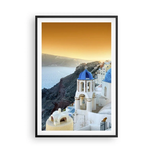 Affiche dans un cadre noir - Poster - Santorin - blotti contre les rochers - 61x91 cm