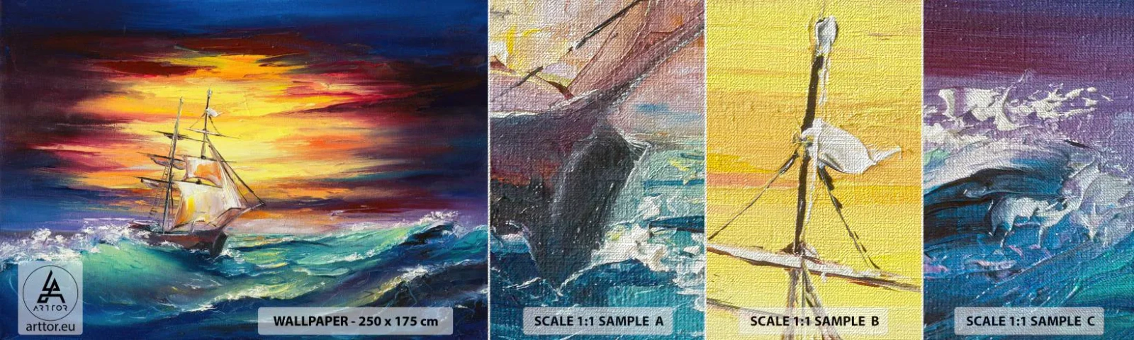 Échantillon de Papier Peint Premium Canvas - Courageusement sous les vagues - Bateau à voile, Mer, Tempête - 100x30 cm