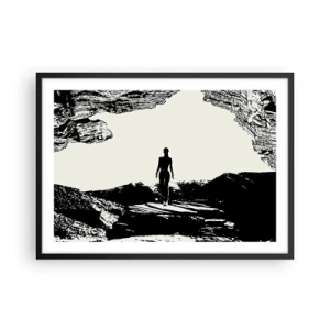 Affiche dans un cadre noir - Poster - Silhouette noire et blanche d'une femme dans une grotte contre le ciel - 70x50cm - Nouveau look - Décoration murale moderne pour le salon et la chambre ARTTOR