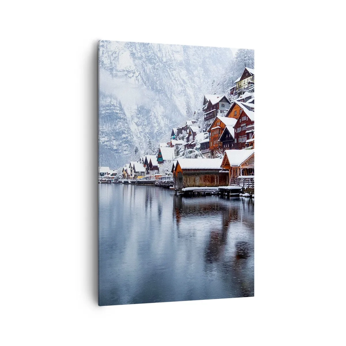 Impression sur toile - Image sur toile - Vue hivernale d'un village de montagne au bord du lac - 80x120cm - En décoration hivernale - Décoration murale moderne pour le salon et la chambre ARTTOR