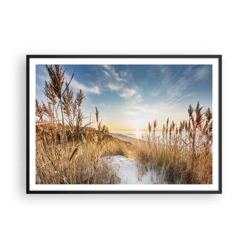 Affiche dans un cadre noir - Poster - Une plage pittoresque avec de l'herbe et le soleil couchant - 100x70cm - Plage du nord - Décoration murale moderne pour le salon et la chambre ARTTOR