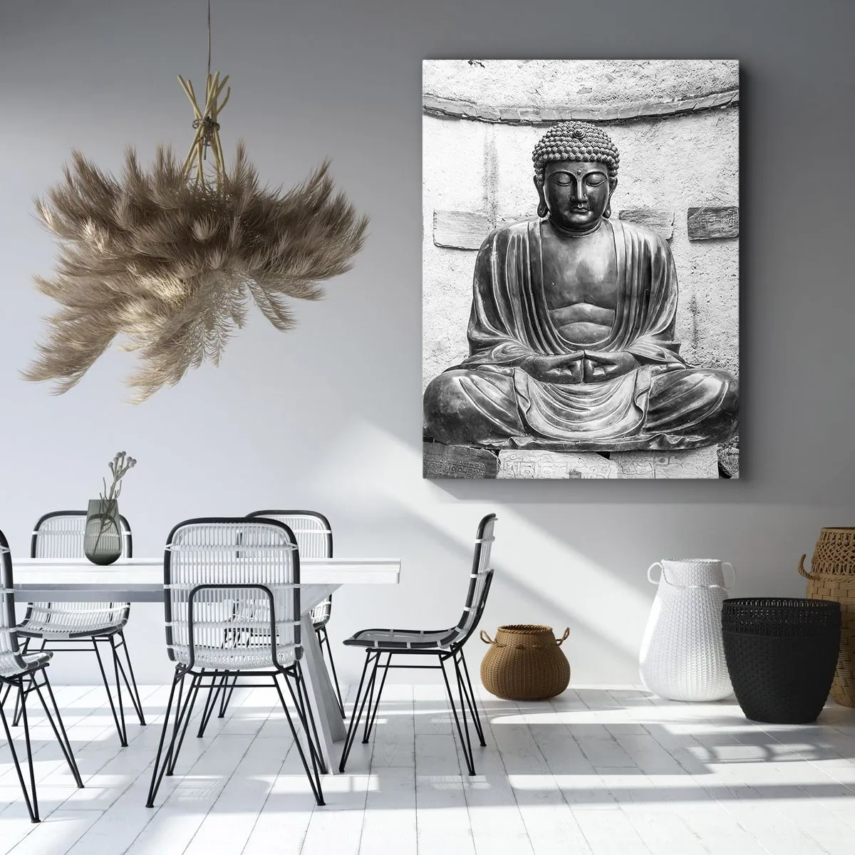 Impression sur toile - Image sur toile - Statue de Bouddha noir et blanc dans une pose méditative - 70x100cm - A la source de la paix - Décoration murale moderne pour le salon et la chambre ARTTOR