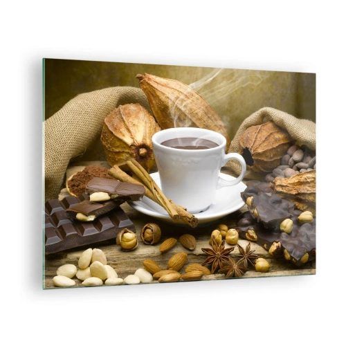 Impression sur verre - Image sur verre - Une tasse de chocolat chaud entourée de chocolat et d'épices - 70x50cm - Pour les amateurs de sensations fortes - Décoration murale moderne pour le salon et la chambre ARTTOR