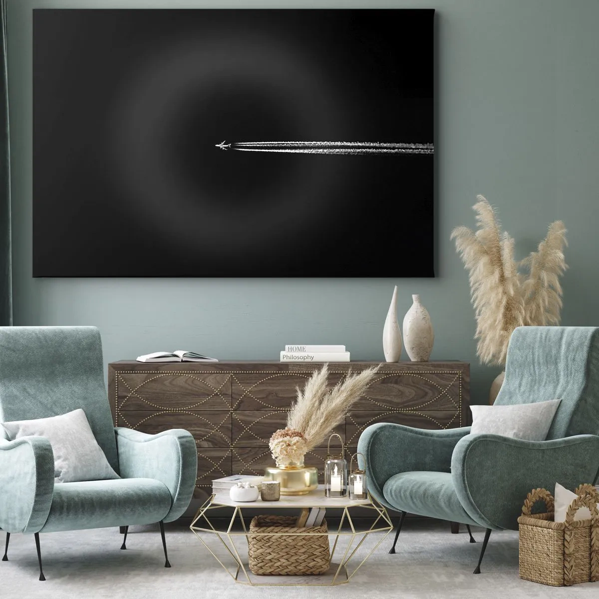 Impression sur toile - Image sur toile - Un avion à réaction avec une traînée de condensation visible sur fond noir - 70x50cm - Dans une autre dimension - Décoration murale moderne pour le salon et la chambre ARTTOR