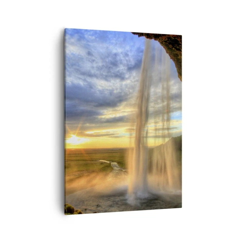 Impression sur toile - Image sur toile - Une cascade illuminée par la lumière du soleil sur fond de paysage - 50x70cm - Le monde derrière un voile de gouttes - Décoration murale moderne pour le salon et la chambre ARTTOR