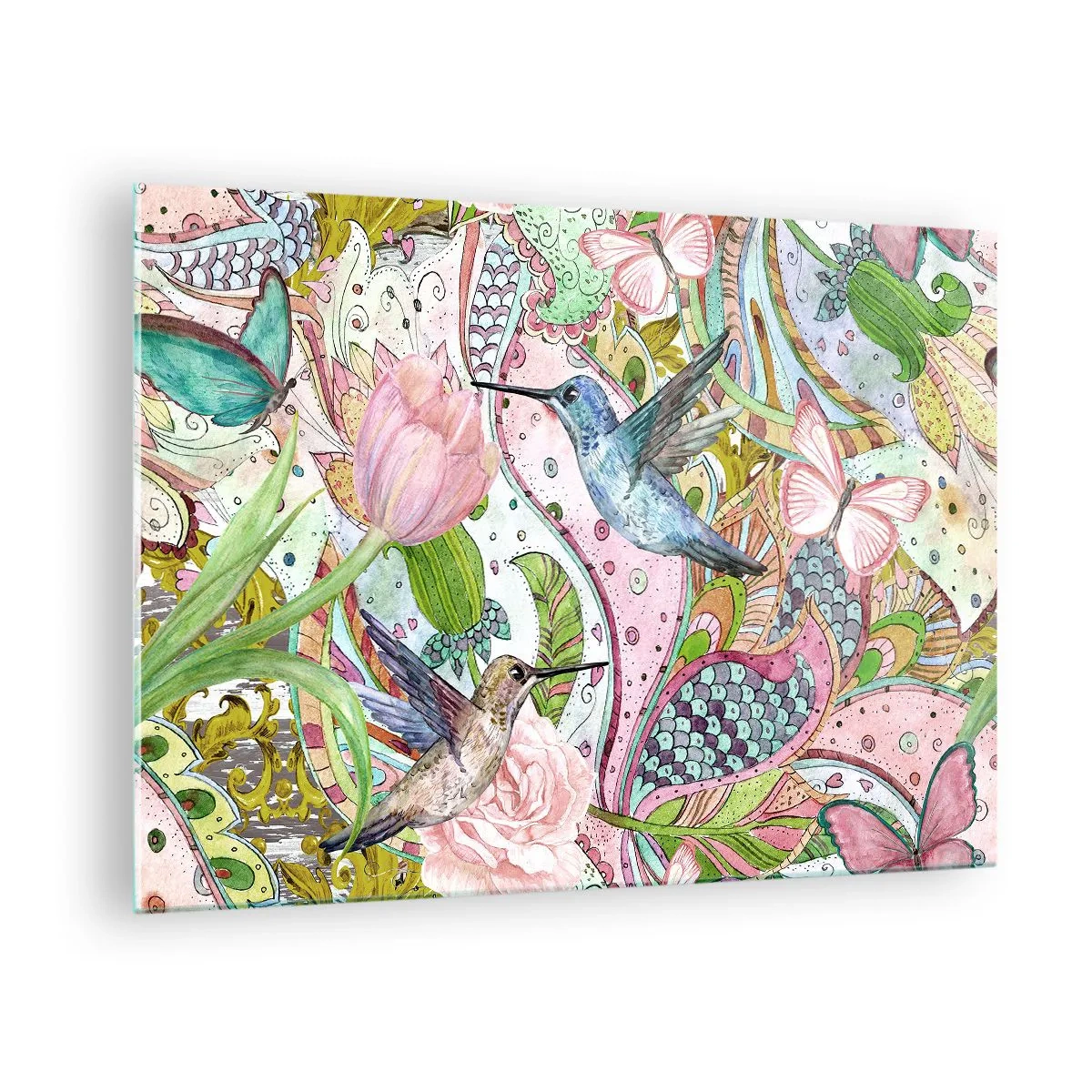 Impression sur verre - Image sur verre - Colibris colorés parmi les fleurs et les papillons - 70x50cm - Empêtré dans les vignes - Décoration murale moderne pour le salon et la chambre ARTTOR