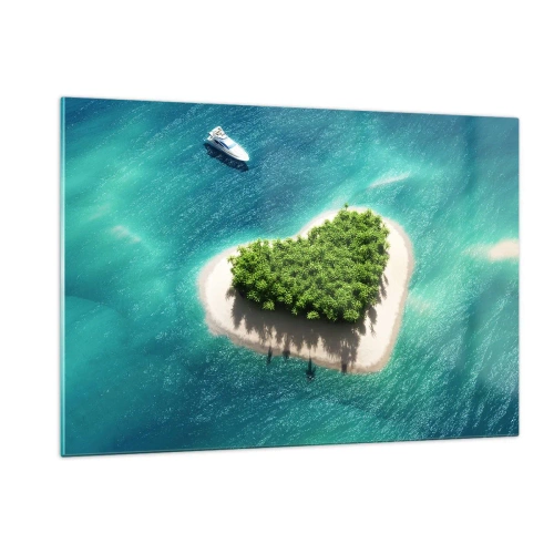 Impression sur verre - Image sur verre - Illustration d'une île en forme de cœur avec un bateau sur une mer turquoise - 120x80cm - J'aime l'été - Décoration murale moderne pour le salon et la chambre ARTTOR