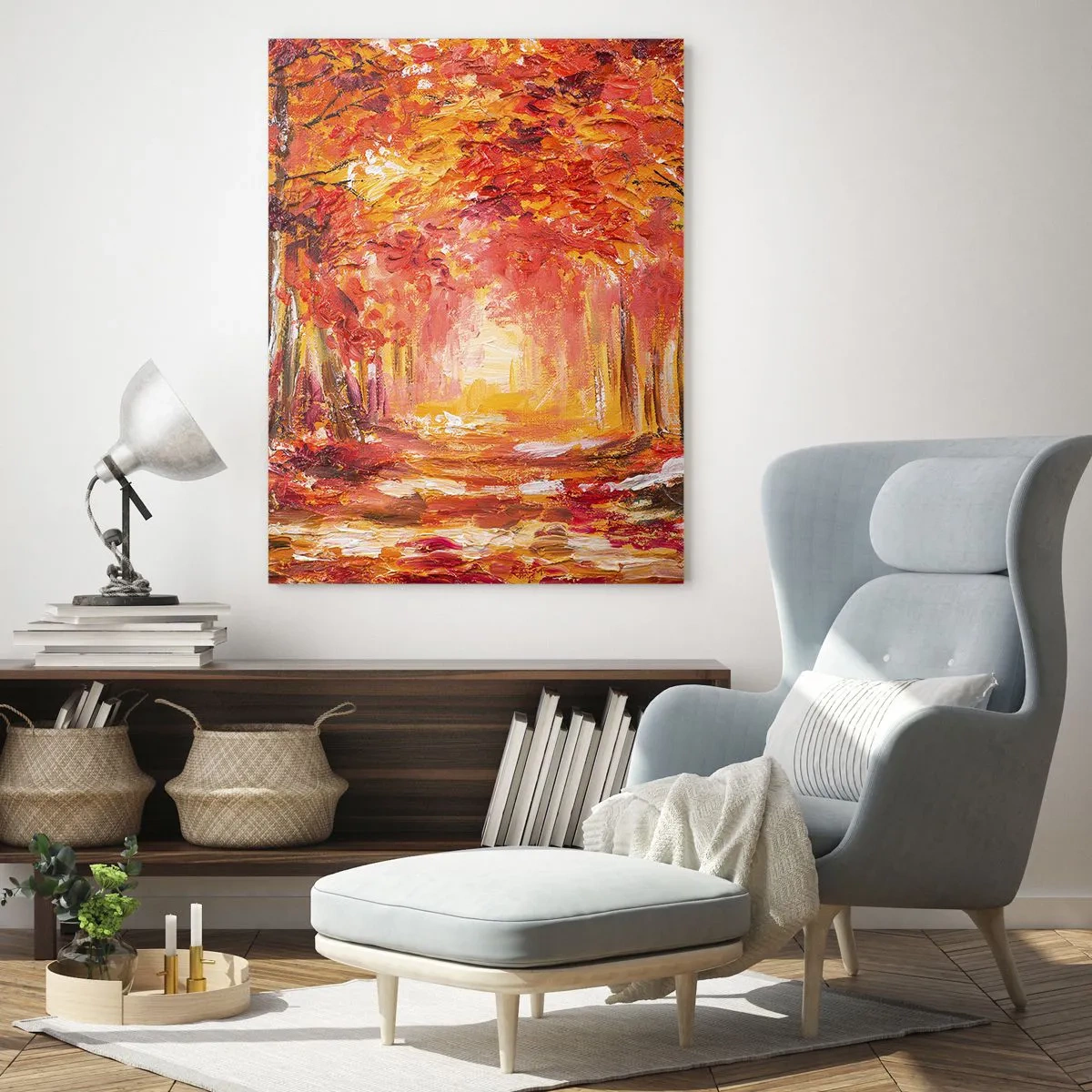 Impression sur verre - Image sur verre - Forêt d'automne aux tons cuivrés et dorés - 70x100cm - Forêt de cuivre - Décoration murale moderne pour le salon et la chambre ARTTOR