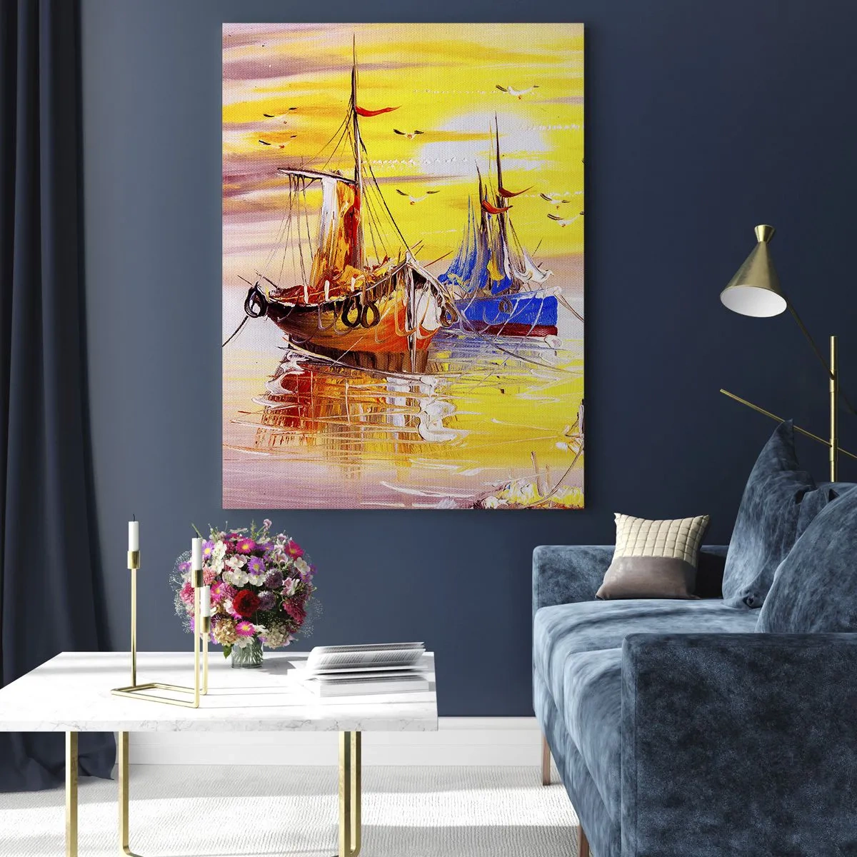 Impression sur verre - Image sur verre - Une scène picturale de bateaux sur une mer calme - 80x120cm - Un repos bien mérité au port - Décoration murale moderne pour le salon et la chambre ARTTOR