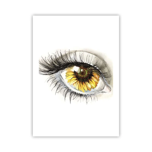 Affiche - Poster - Un œil avec une fleur de tournesol jaune dans la pupille - 50x70cm - Un look aussi chaud que l'été - Décoration murale moderne pour le salon et la chambre ARTTOR