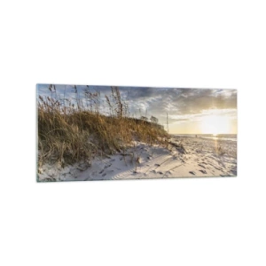 Impression sur verre - Image sur verre - Dunes avec de l'herbe et des empreintes de pas dans le sable au coucher du soleil - 120x50cm - Invitation à la ballade - Décoration murale moderne pour le salon et la chambre ARTTOR