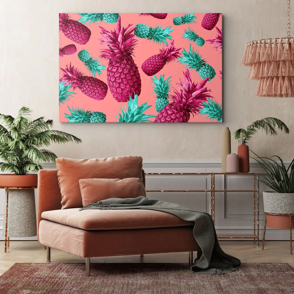 Impression sur toile - Image sur toile - Ananas exotiques aux couleurs roses et turquoise - 70x50cm - La liberté est douce - Décoration murale moderne pour le salon et la chambre ARTTOR
