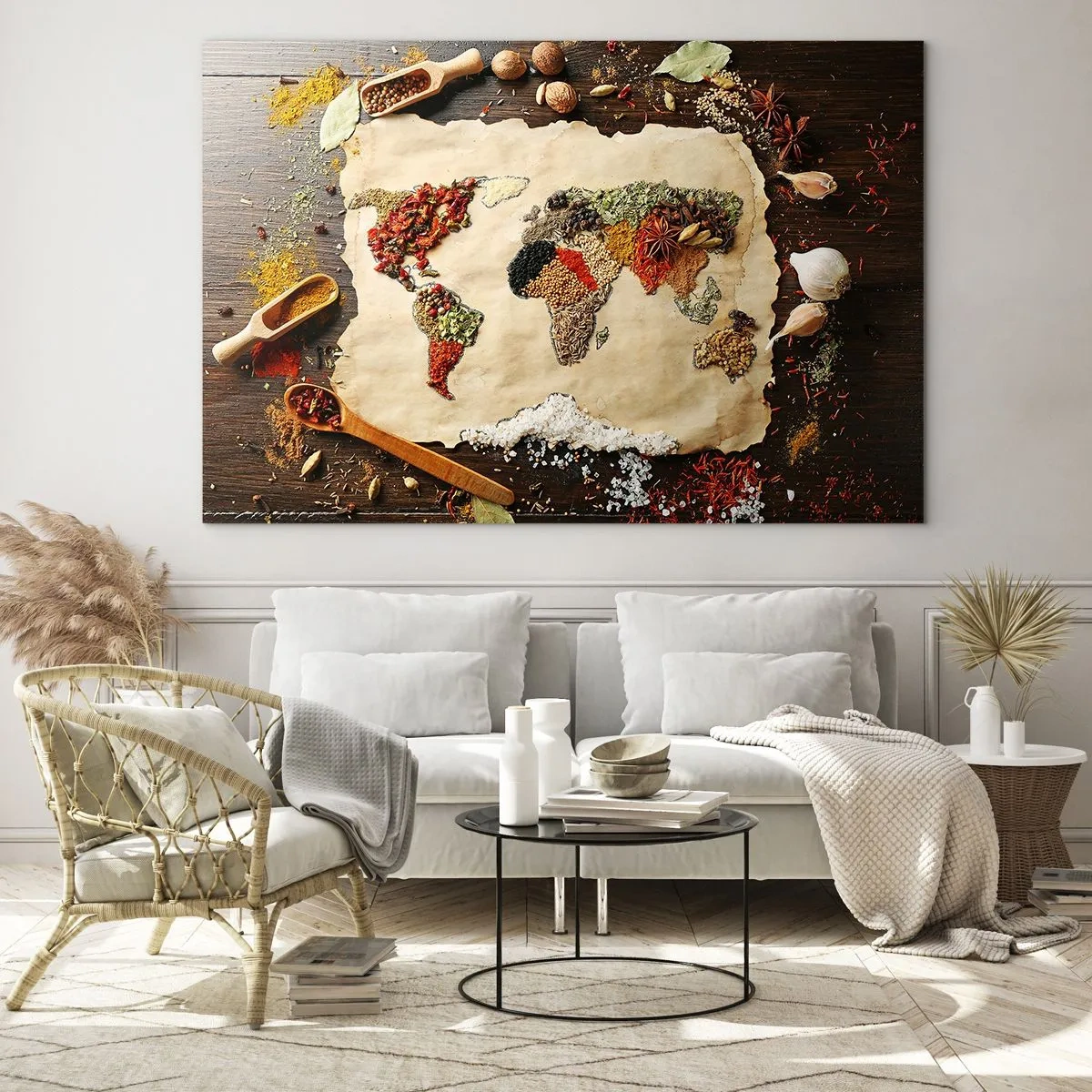 Impression sur verre - Image sur verre - Une carte du monde composée de diverses épices sur un fond rustique. - 70x50cm - Toutes les saveurs du monde - Décoration murale moderne pour le salon et la chambre ARTTOR