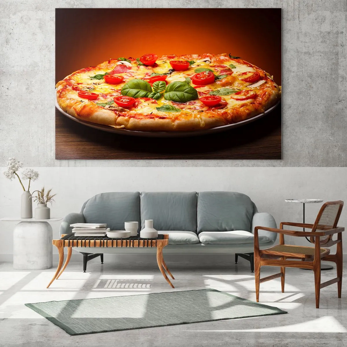 Impression sur verre - Image sur verre - Pizza aux tomates, basilic et fromage fondu - 70x50cm - Mamma mia! - Décoration murale moderne pour le salon et la chambre ARTTOR