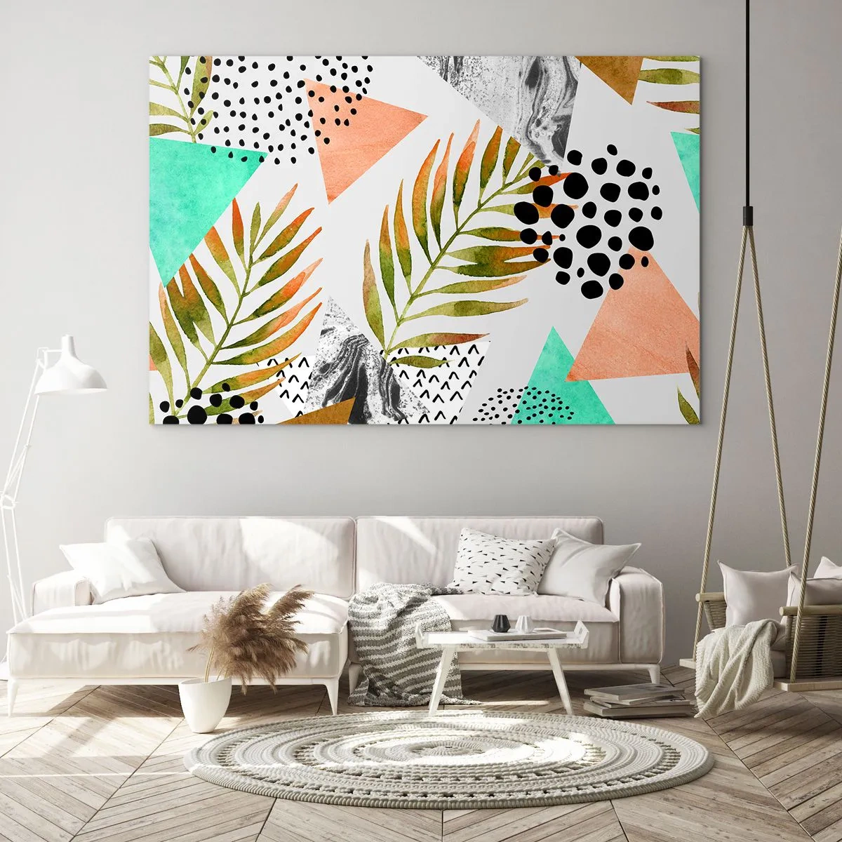 Impression sur verre - Image sur verre - Formes géométriques et feuilles aux couleurs pastel - 100x70cm - Décoration avec feuille de palmier - Décoration murale moderne pour le salon et la chambre ARTTOR