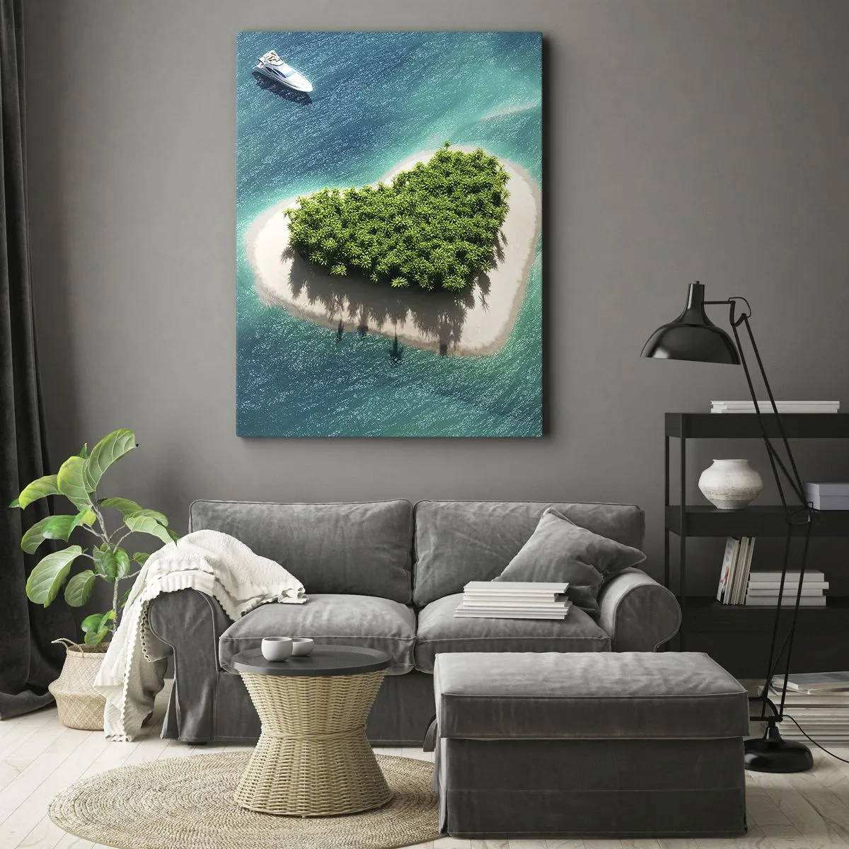 Impression sur toile - Image sur toile - Une île romantique en forme de cœur dans une mer turquoise - 50x70cm - J'aime l'été - Décoration murale moderne pour le salon et la chambre ARTTOR