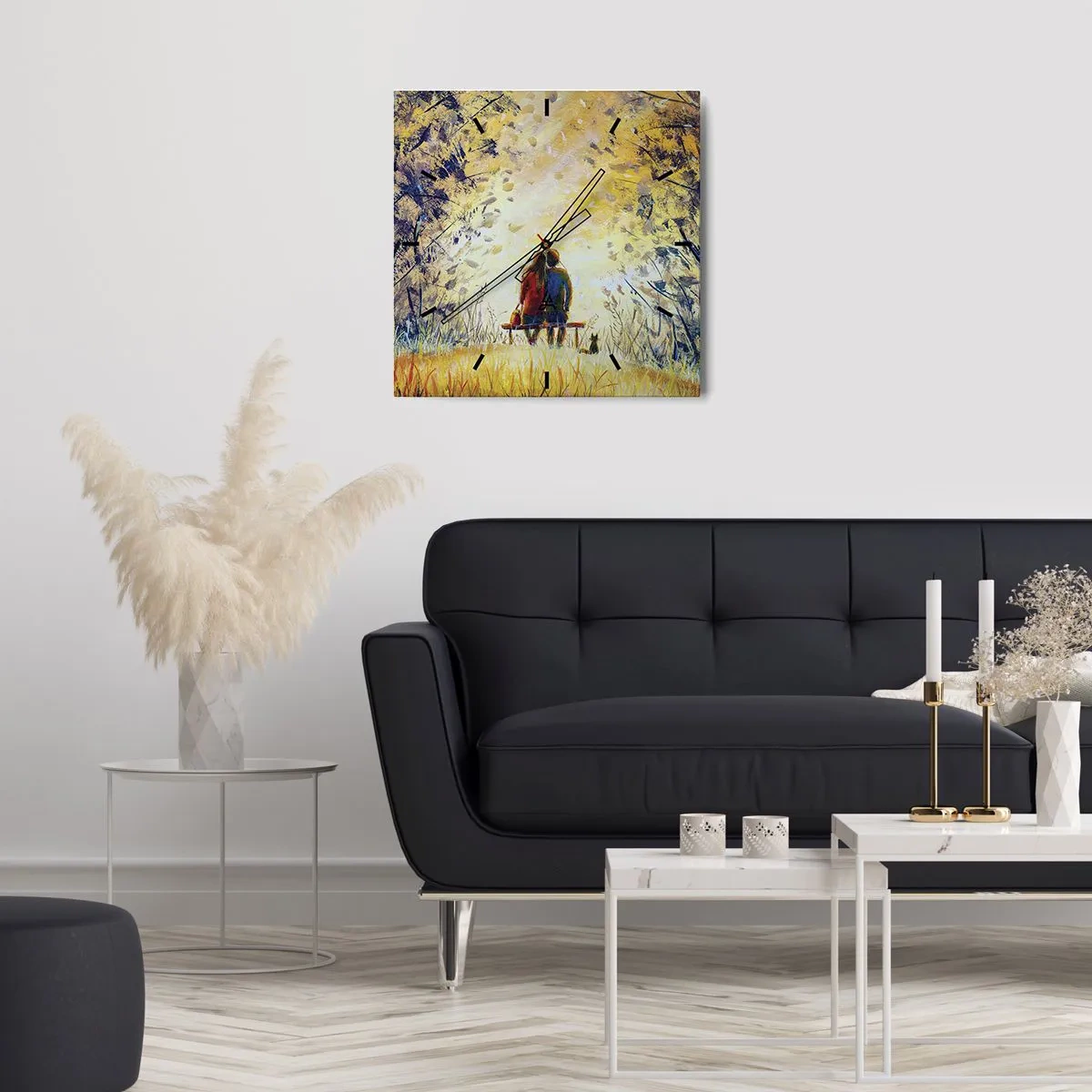 Horloge murale - Pendule murale - Un couple assis sur un banc parmi les arbres d'automne au soleil - 30x30cm - Moment magique - Décoration murale moderne pour le salon et la chambre ARTTOR
