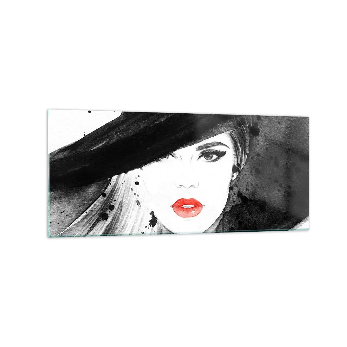 Impression sur verre - Image sur verre - Portrait d'une femme au chapeau et aux lèvres rouges - 120x50cm - Dame en noir - Décoration murale moderne pour le salon et la chambre ARTTOR