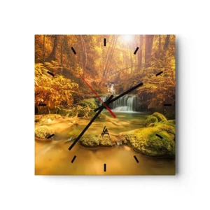 Horloge murale - Pendule murale - Une cascade dorée dans une forêt d'automne entourée de verdure - 30x30cm - Cascade de forêt en or - Décoration murale moderne pour le salon et la chambre ARTTOR