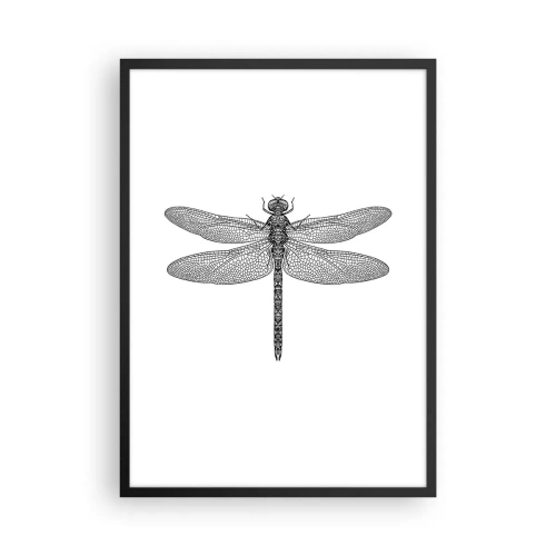 Affiche dans un cadre noir - Poster - Illustration en noir et blanc d'une libellule sur fond blanc - 50x70cm - Précision de la nature - Décoration murale moderne pour le salon et la chambre ARTTOR