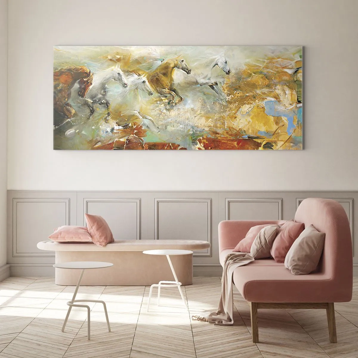 Impression sur verre - Image sur verre - Des chevaux artistiques dans un cadre dynamique et coloré - 120x50cm - Au galop vers la lumière - Décoration murale moderne pour le salon et la chambre ARTTOR
