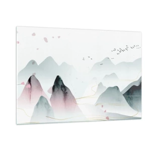 Impression sur verre - Image sur verre - Montagnes pastel avec une volée d'oiseaux volants et des lignes dorées - 120x80cm - Au-delà des sommets - Décoration murale moderne pour le salon et la chambre ARTTOR