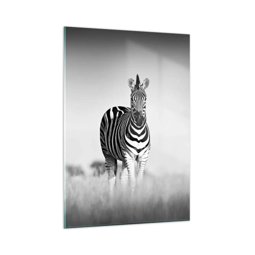 Impression sur verre - Image sur verre - Une paire de zèbres sur un fond d'herbe noir et blanc, représentés dans leur habitat naturel. - 50x70cm - Le monde est bel et bien noir et blanc - Décoration murale moderne pour le salon et la chambre ARTTOR