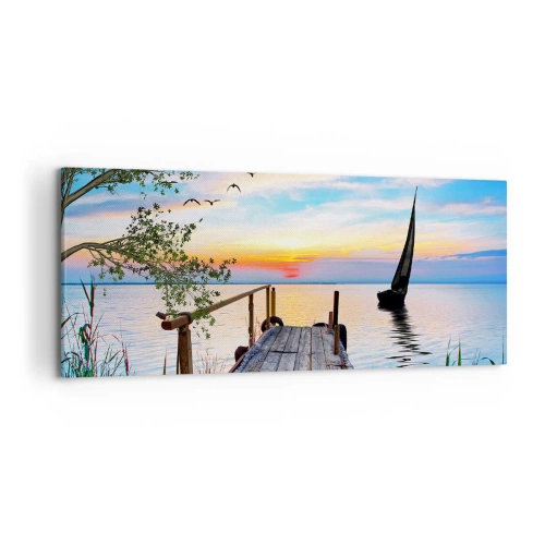 Impression sur toile - Image sur toile - Jetée du lac avec bateau et coucher de soleil - 120x50cm - Bonsoir! - Décoration murale moderne pour le salon et la chambre ARTTOR