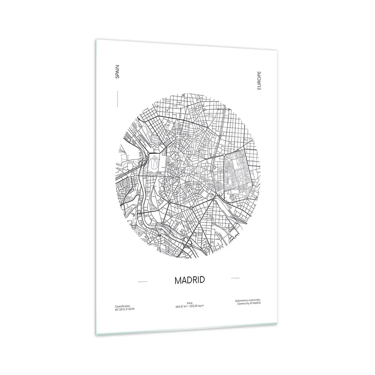 Impression sur verre - Image sur verre - Carte de Madrid dans un style minimaliste en noir et blanc - 70x100cm - Anatomie de Madrid - Décoration murale moderne pour le salon et la chambre ARTTOR