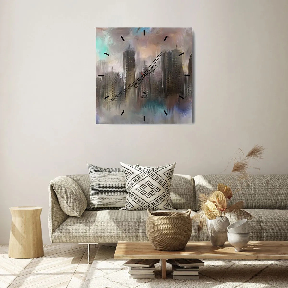 Horloge murale - Pendule murale - Une composition d'acier, de pierre et de brouillard - 40x40 cm