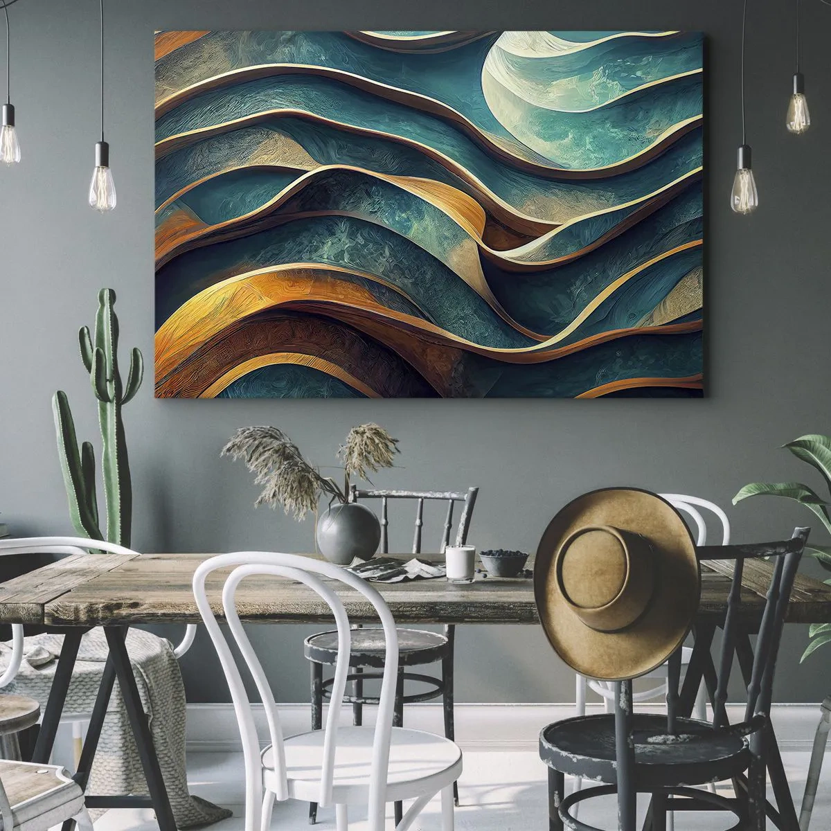 Impression sur toile - Image sur toile - Vagues abstraites dans des tons turquoise et or - 70x50cm - Méandres de bleu - Décoration murale moderne pour le salon et la chambre ARTTOR