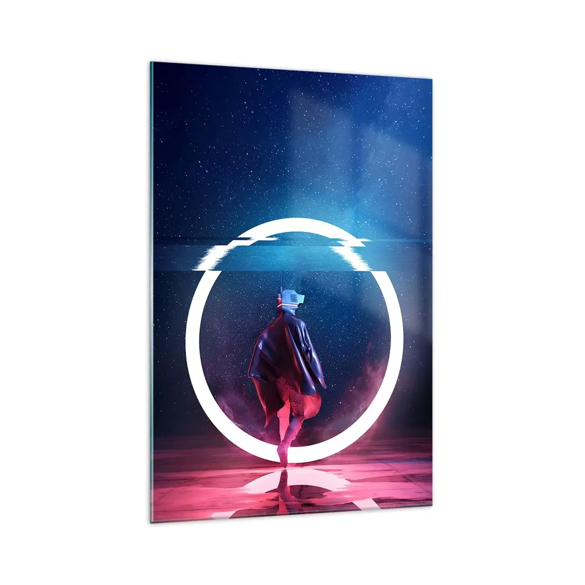 Impression sur verre - Image sur verre - Un personnage dans un environnement futuriste avec un cercle de néon - 70x100cm - Entre deux mondes - Décoration murale moderne pour le salon et la chambre ARTTOR