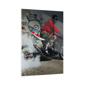 Impression sur verre - Image sur verre - Motocycliste en action dans un environnement industriel - 50x70cm - Pourchassez moi! - Décoration murale moderne pour le salon et la chambre ARTTOR