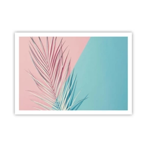 Affiche - Poster - Feuille tropicale sur un fond de tons pastel de rose et de bleu - 100x70cm - Impression tropicale - Décoration murale moderne pour le salon et la chambre ARTTOR