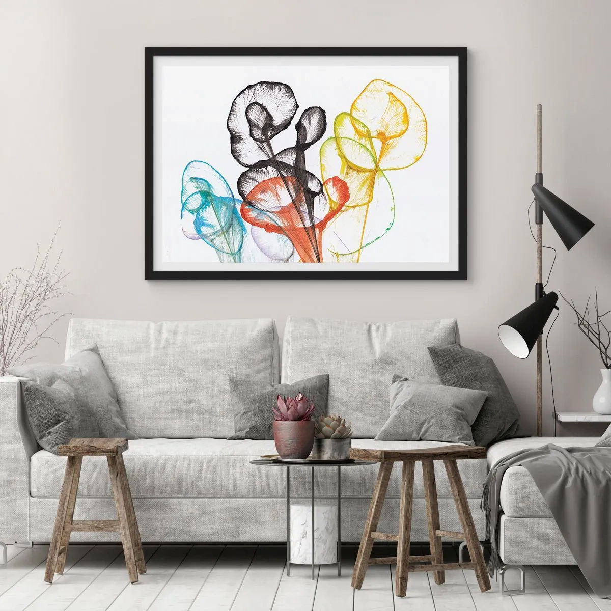 Affiche dans un cadre noir - Poster - Fleurs transparentes colorées sur fond blanc - 100x70cm - Fleurs avec une âme - Décoration murale moderne pour le salon et la chambre ARTTOR