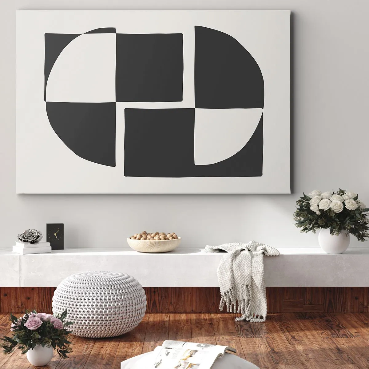 Impression sur toile - Image sur toile - Formes géométriques abstraites en noir et blanc - 70x50cm - Antithèse - Synthèse - Décoration murale moderne pour le salon et la chambre ARTTOR