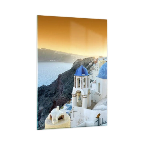Impression sur verre - Image sur verre - Vue de Santorin avec des bâtiments blancs et une mer bleue - 80x120cm - Santorin - blotti contre les rochers - Décoration murale moderne pour le salon et la chambre ARTTOR