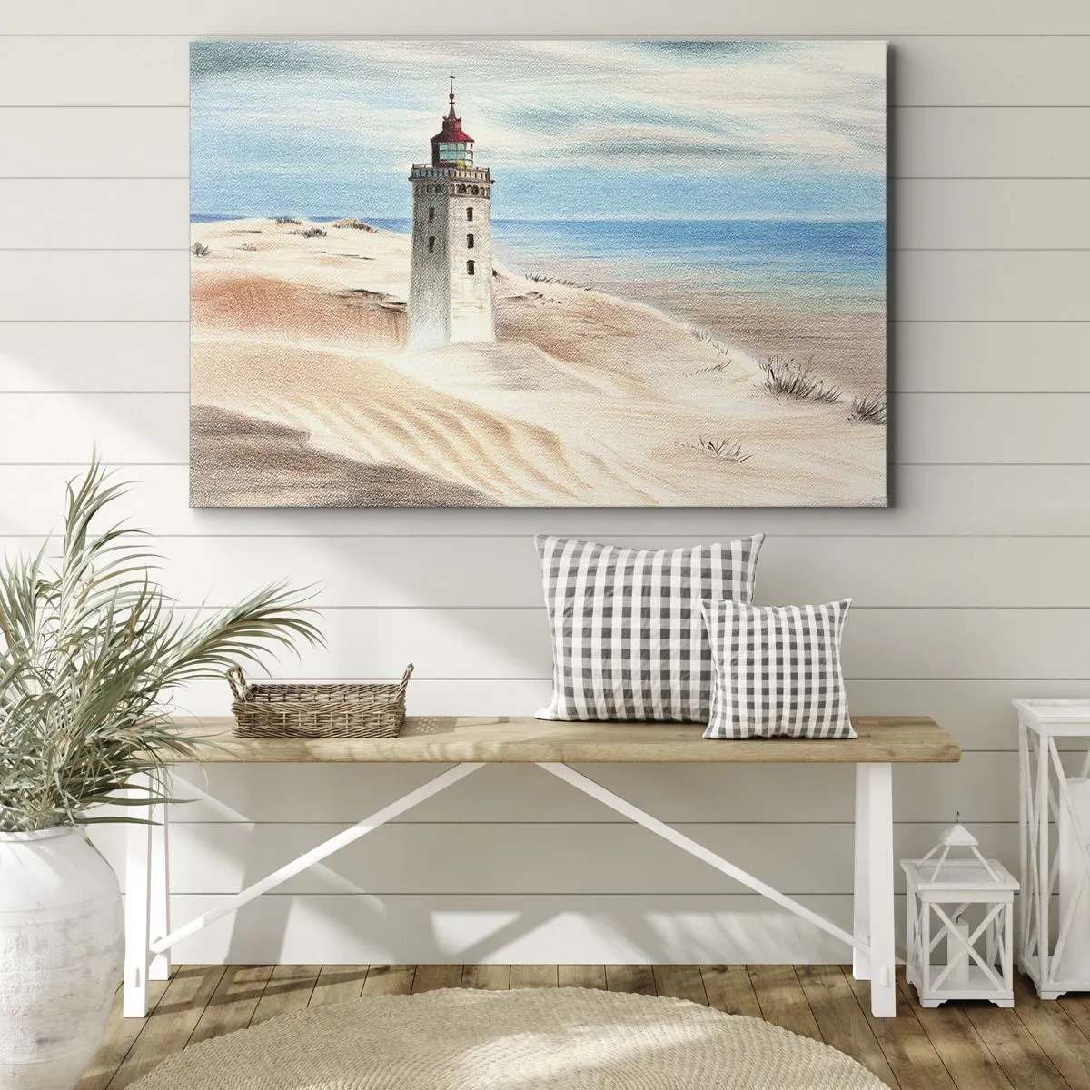 Impression sur toile - Image sur toile - Un phare entouré de dunes de sable et d'un ciel bleu - 100x70cm - Toujours regarder la mer - Décoration murale moderne pour le salon et la chambre ARTTOR