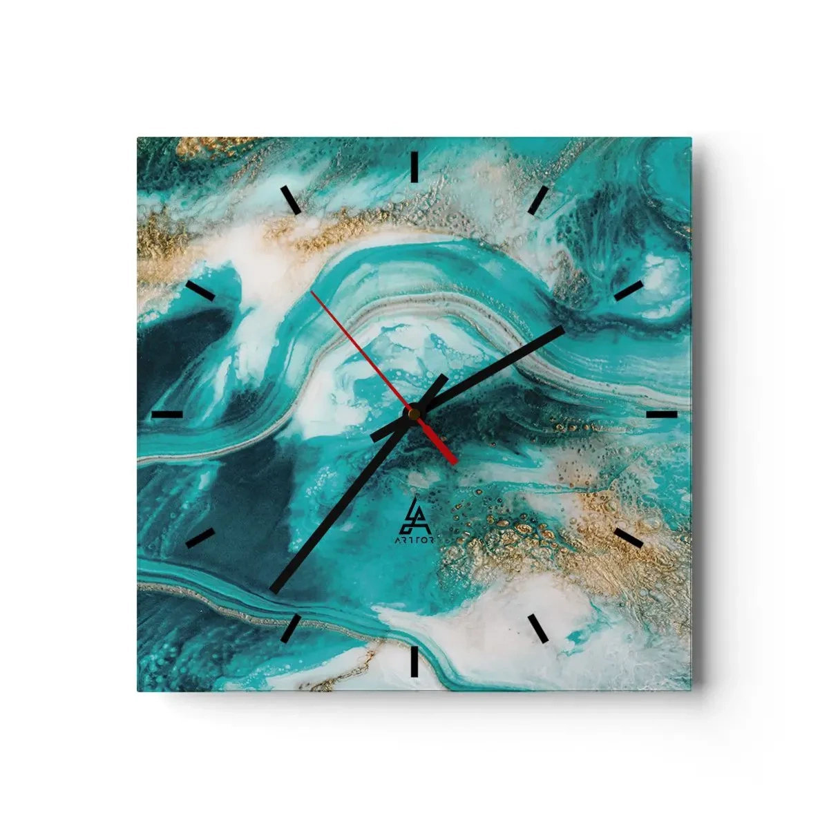 Horloge murale - Pendule murale - Abstraction turquoise avec des accents blancs et dorés - 30x30cm - Rivière d'or - Décoration murale moderne pour le salon et la chambre ARTTOR