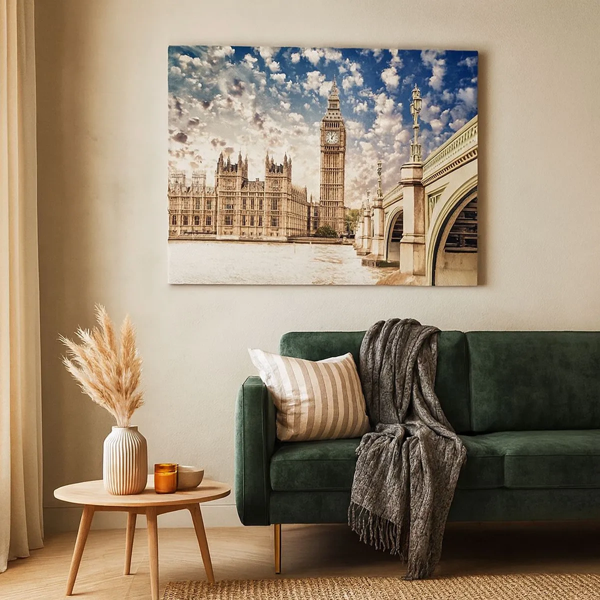 Impression sur toile - Image sur toile - Big Ben et le pont de Westminster illuminés par le soleil à Londres - 70x50cm - Nuages