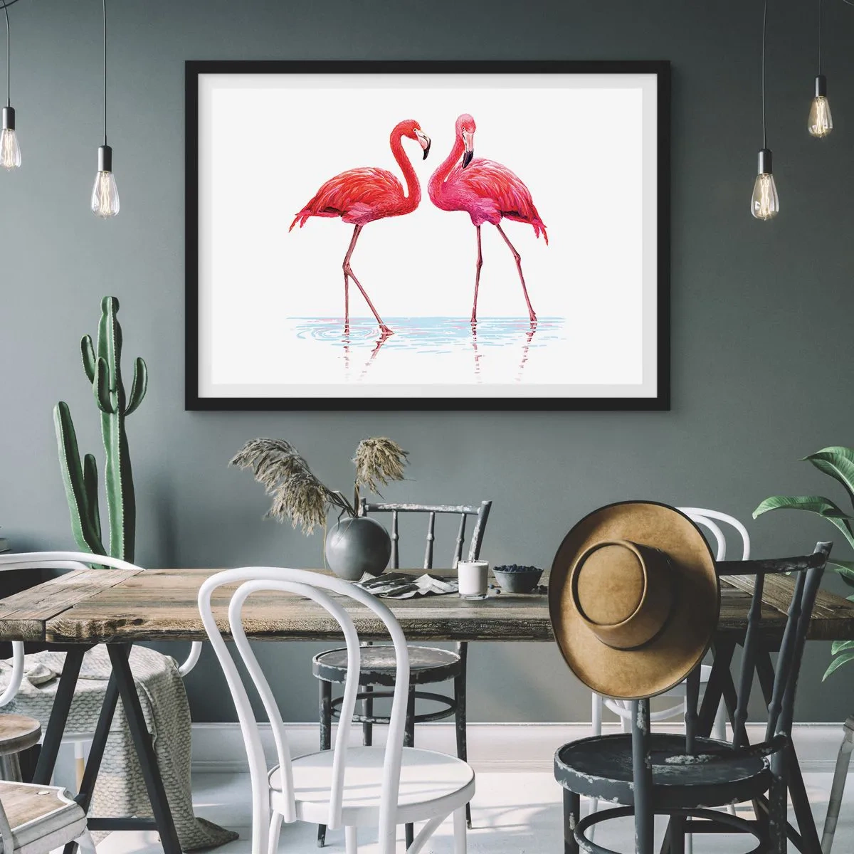 Affiche dans un cadre noir - Poster - Une paire de flamants roses dans l'eau sur un fond clair - 100x70cm - Rendez-vous rose - Décoration murale moderne pour le salon et la chambre ARTTOR