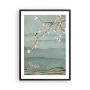 Affiche dans un cadre noir - Poster - Oiseaux sur une branche fleurie surplombant les collines - 50x70cm - Printemps oh c'est toi - Décoration murale moderne pour le salon et la chambre ARTTOR