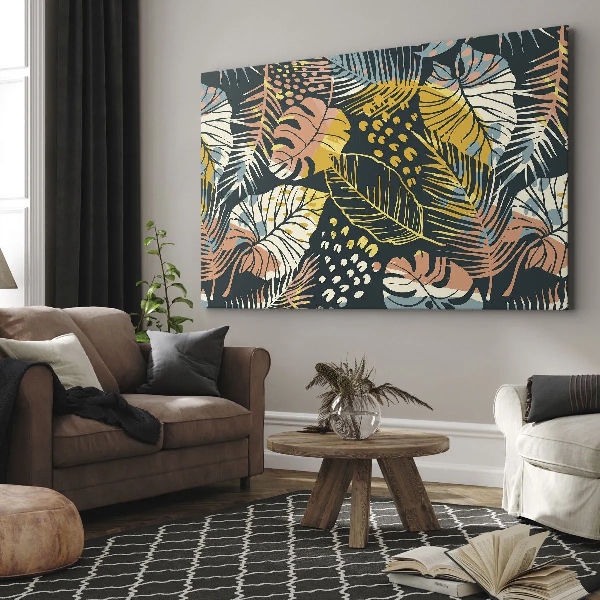 Impression sur toile - Image sur toile - Feuilles colorées sur fond sombre - 120x80cm - Fantaisie feuillue - Décoration murale moderne pour le salon et la chambre ARTTOR
