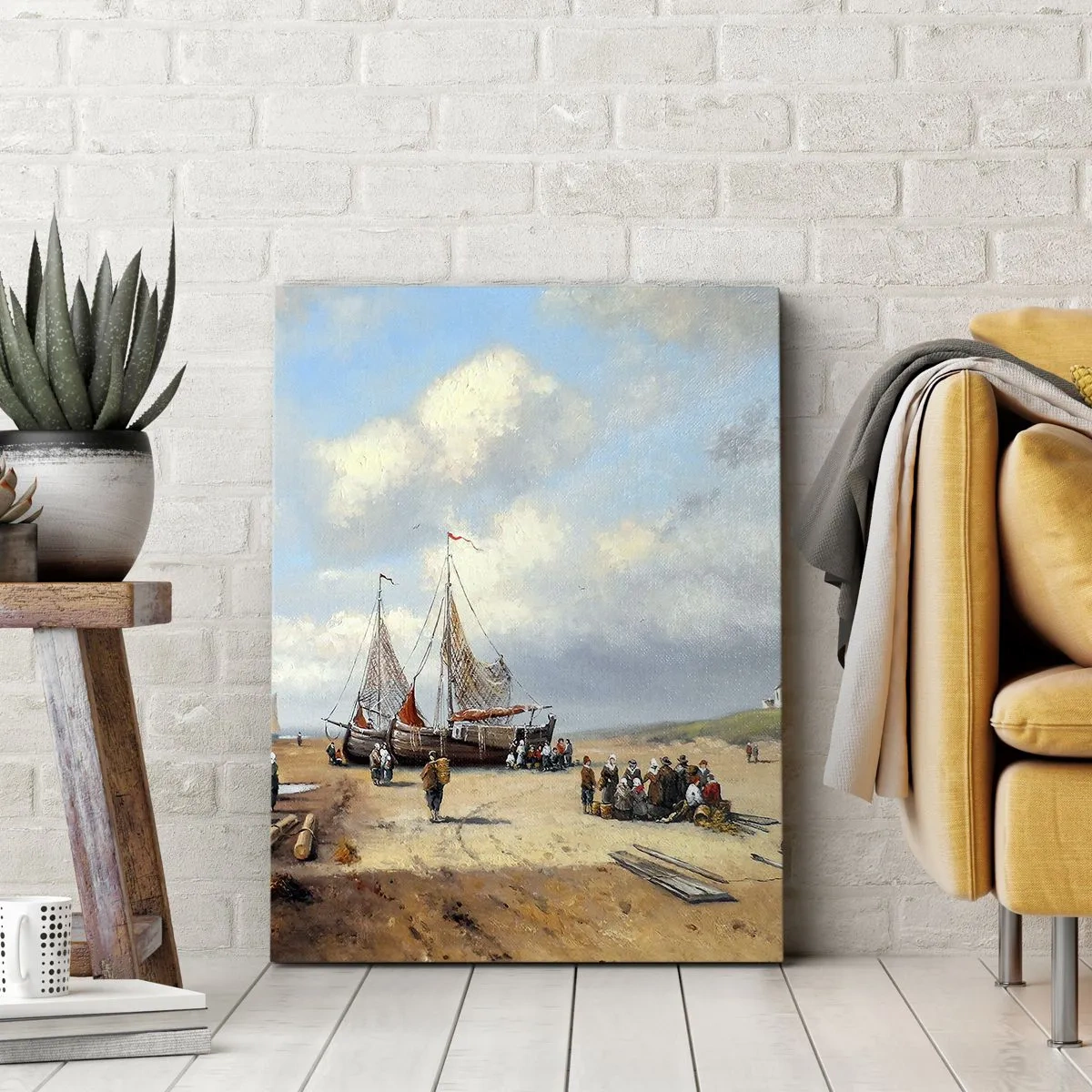 Impression sur toile - Image sur toile - Bateaux de pêche sur la plage avec des figures humaines - 50x70cm - Après une capture réussie - Décoration murale moderne pour le salon et la chambre ARTTOR