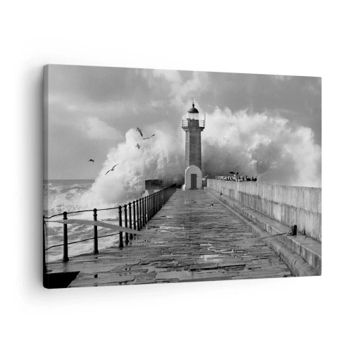 Impression sur toile - Image sur toile - Un phare entouré de vagues pendant une tempête - 70x50cm - Sans peur - Décoration murale moderne pour le salon et la chambre ARTTOR