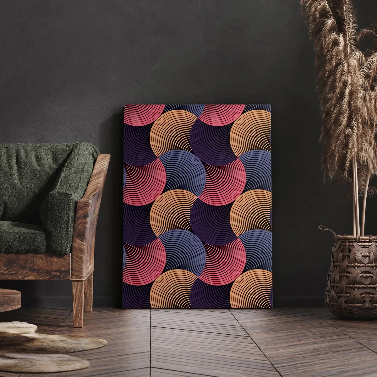 Impression sur toile - Image sur toile - Cercles géométriques dans des tons de rose, violet et or - 70x100cm - Dans un rythme circulaire - Décoration murale moderne pour le salon et la chambre ARTTOR