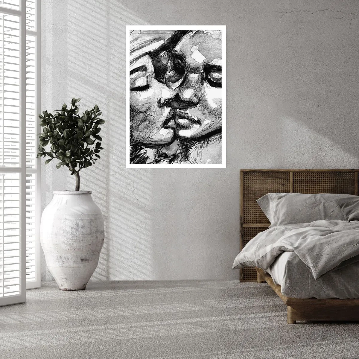 Affiche - Poster - Portrait abstrait en noir et blanc d'un baiser - 50x70cm - Un moment tendre - Décoration murale moderne pour le salon et la chambre ARTTOR