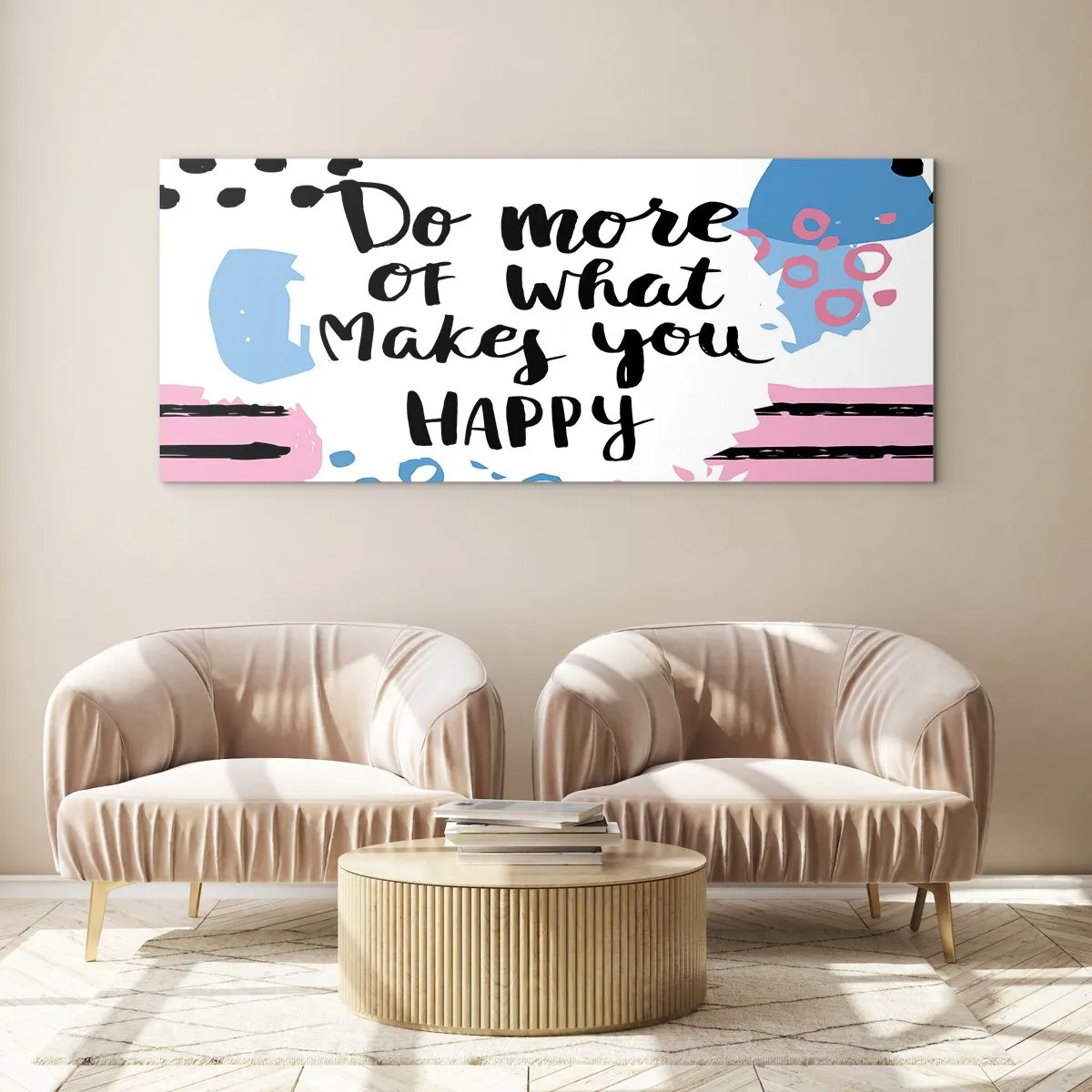 Impression sur verre - Image sur verre - Affiche avec les mots « Faites davantage ce qui vous rend heureux » - 140x50cm - Comment être heureux - Décoration murale moderne pour le salon et la chambre ARTTOR
