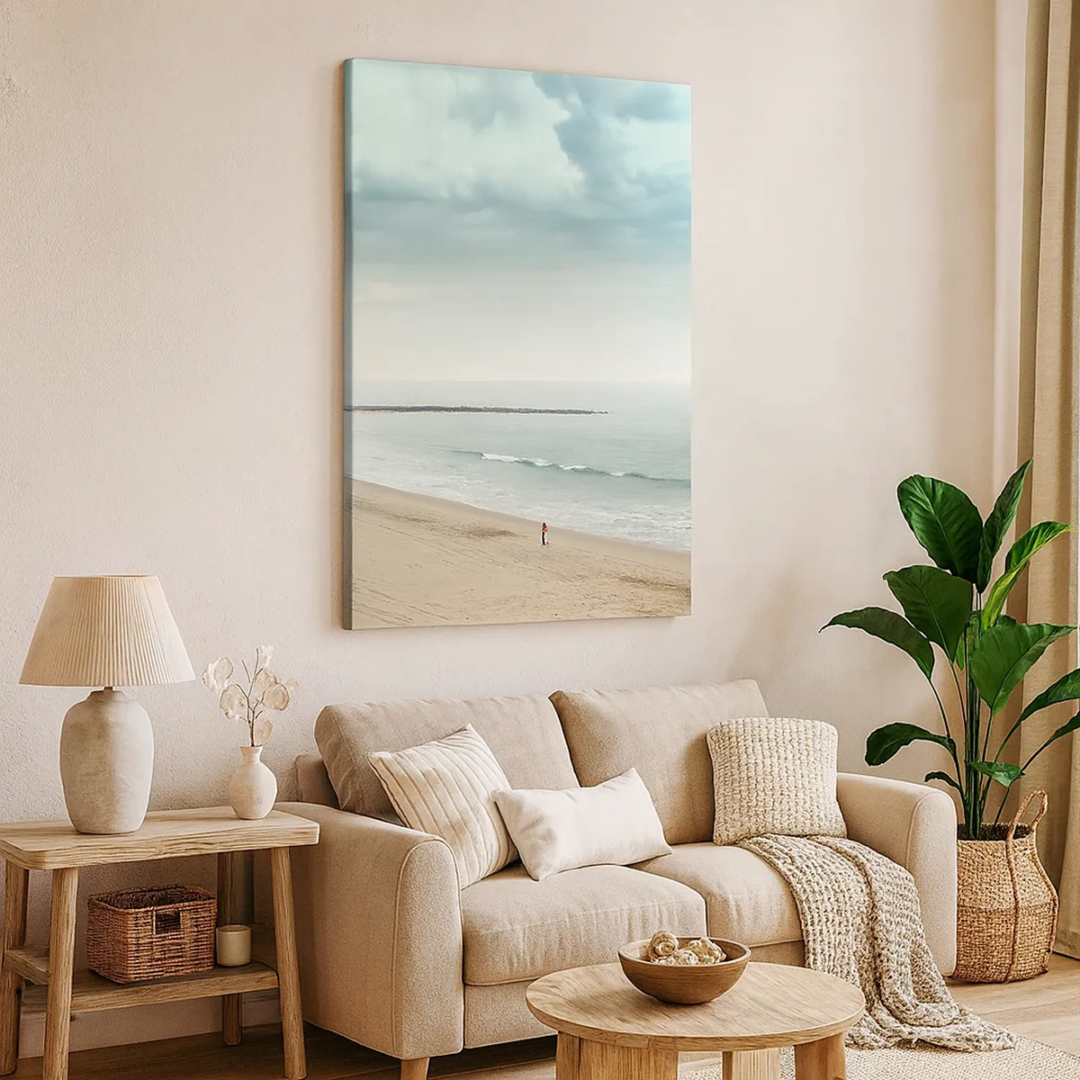Impression sur toile - Image sur toile - Une silhouette solitaire sur une plage déserte au bord d'une mer calme - 50x70cm - à la recherche de la paix - Décoration murale moderne pour le salon et la chambre ARTTOR